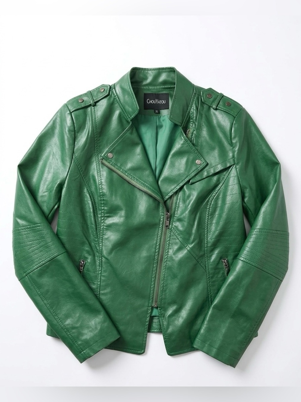 Chouyatou Green Faux Leather Moto Jacket